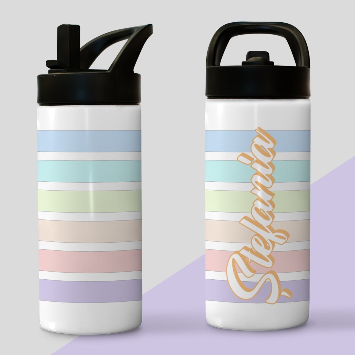 Termos cu mâner și pai personalizat cu nume - Dungi colorate