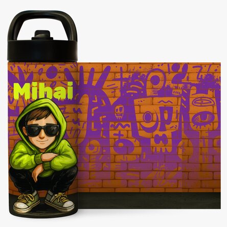 Termos cu mâner și pai personalizat cu nume - Graffiti