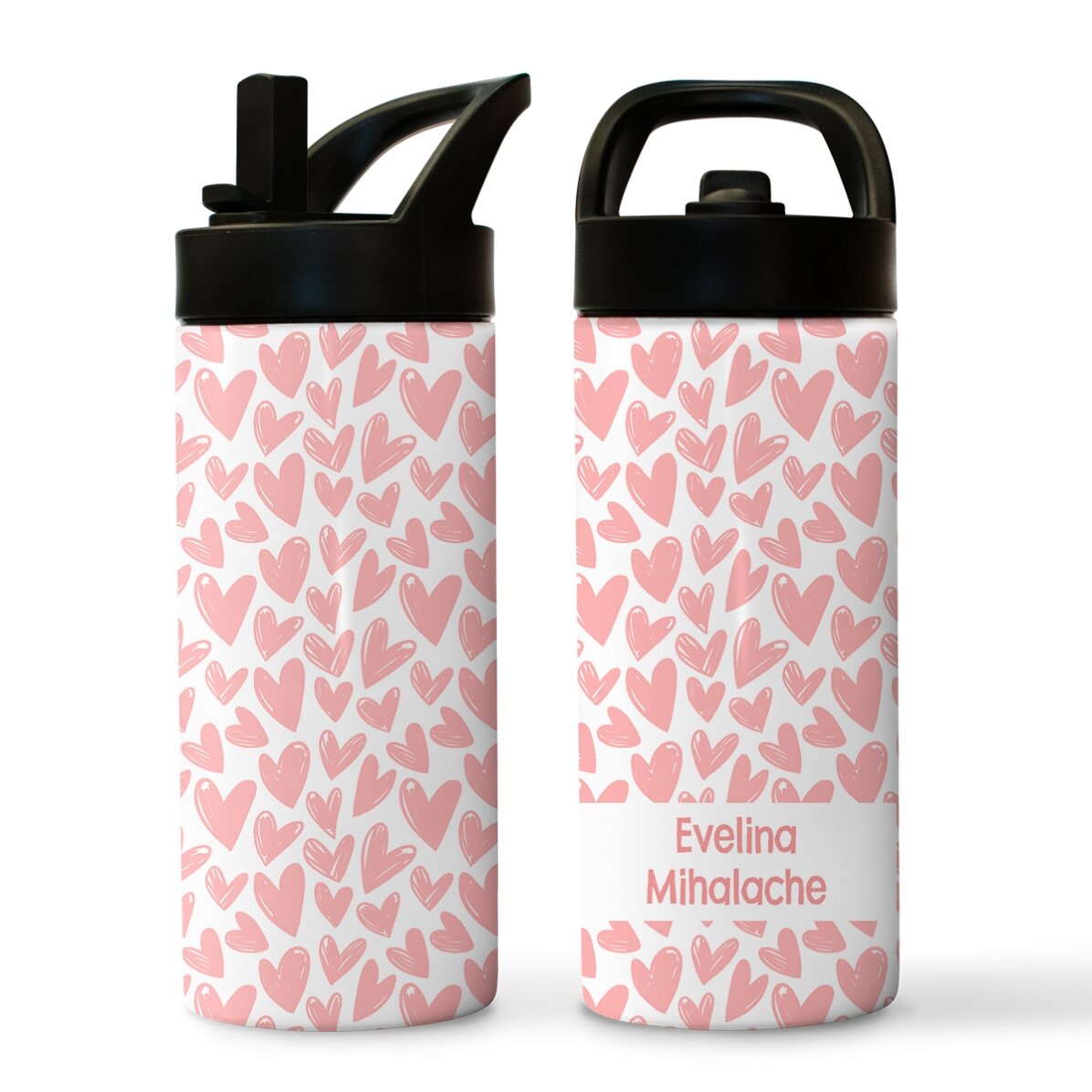 Termos cu mâner și pai personalizat cu nume - Inimioare