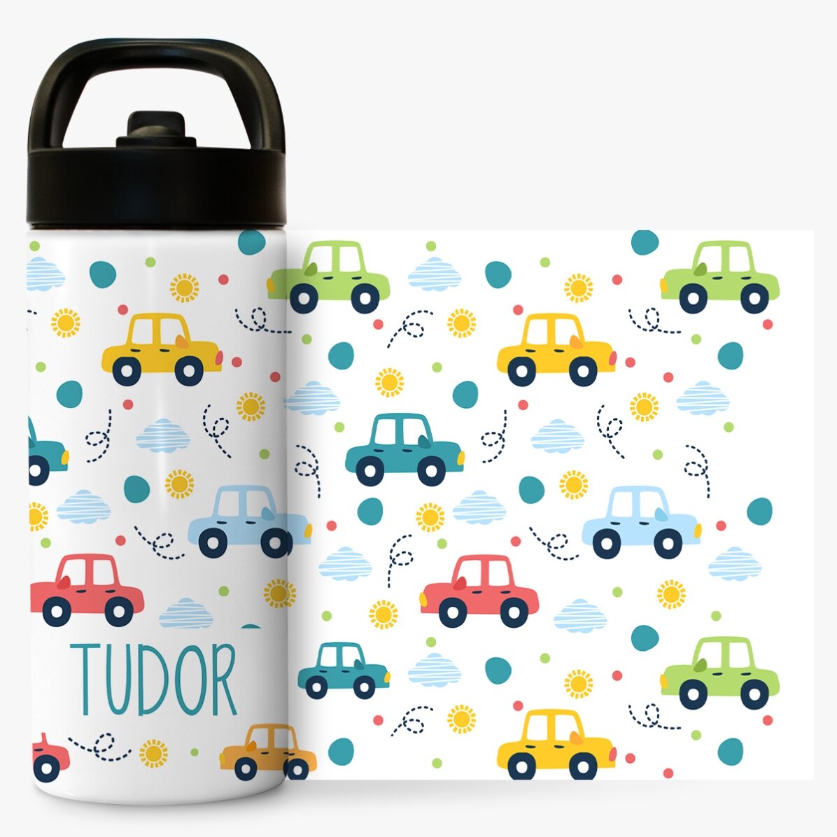 Termos cu mâner și pai personalizat cu nume - Mașinuțe