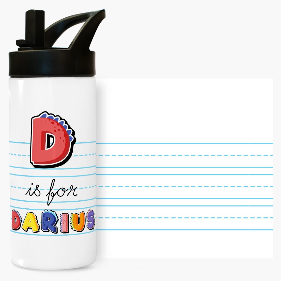 Termos cu mâner și pai personalizat cu nume - model dinozaur