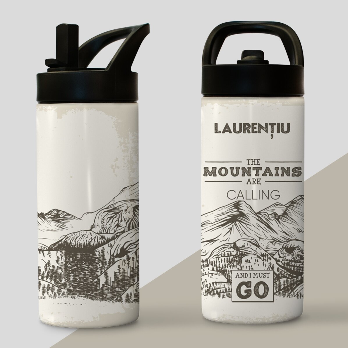 Termos cu mâner și pai personalizat cu nume - Mountains are calling