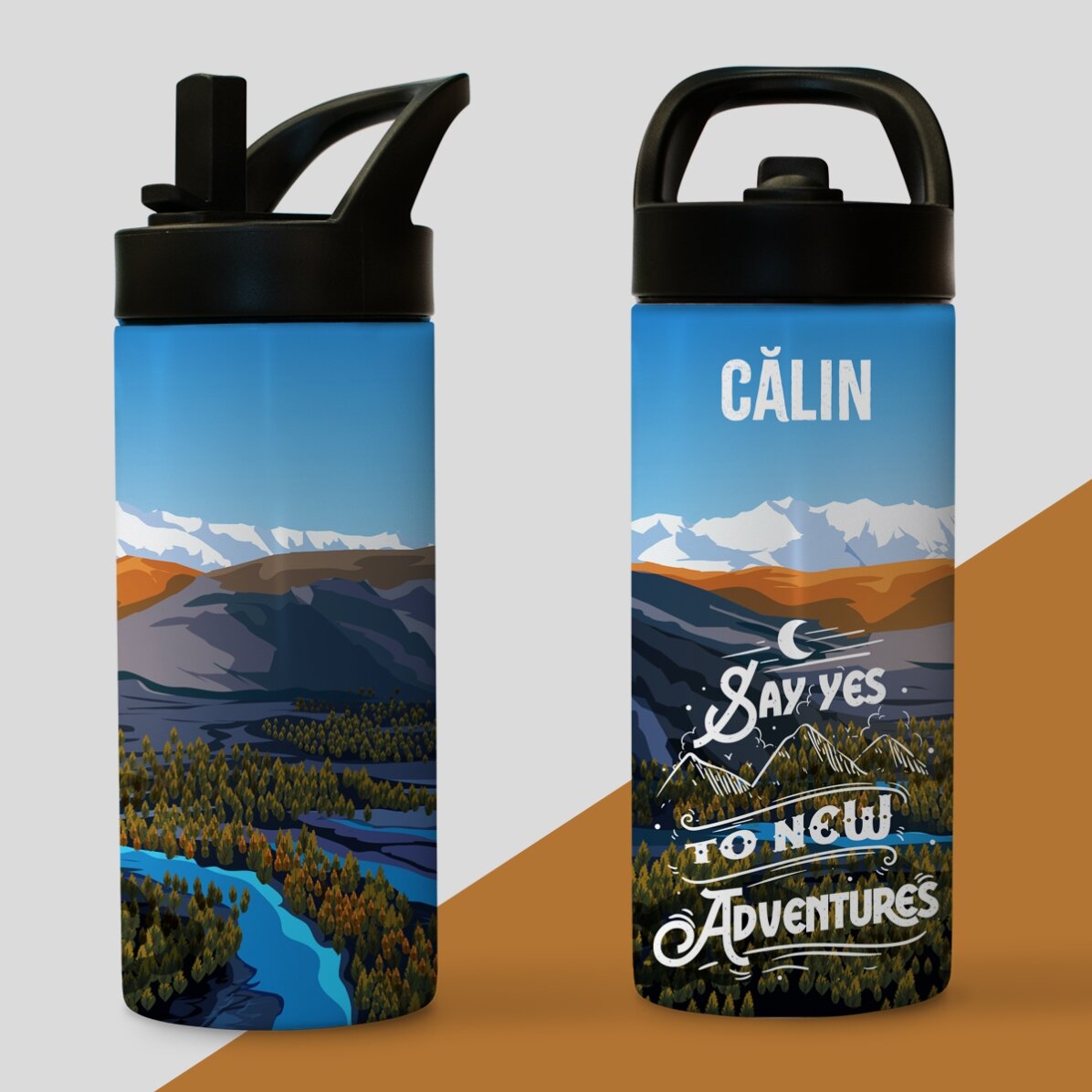 Termos cu mâner și pai personalizat cu nume - New adventures