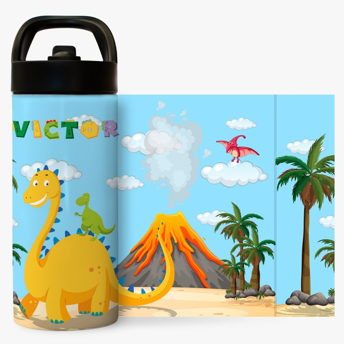 Termos cu mâner și pai personalizat cu nume pentru copii - Dino