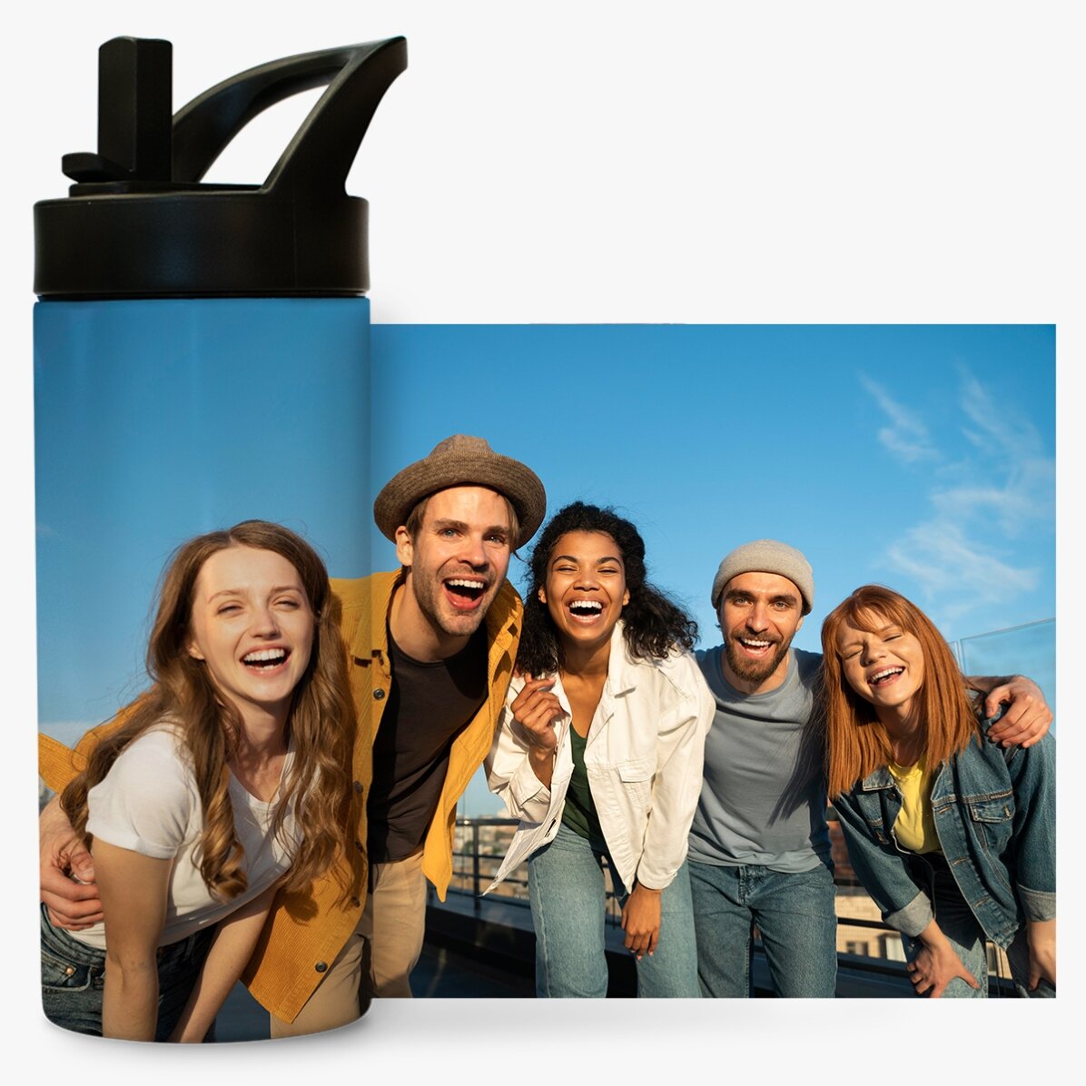 Termos cu mâner și pai personalizat cu o poză