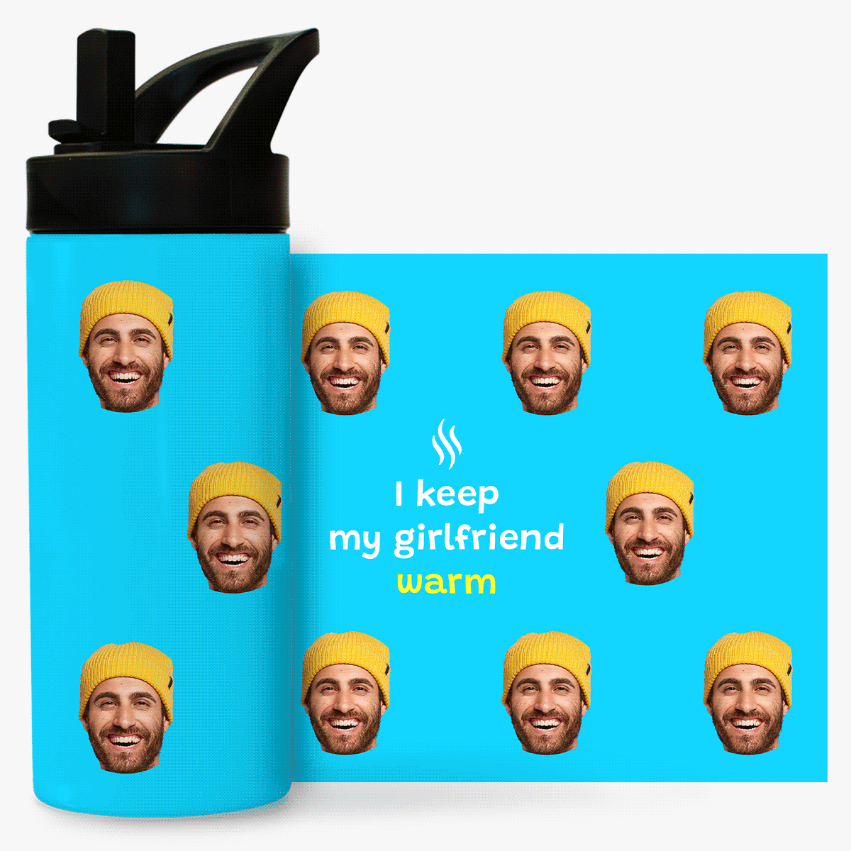 Termos cu mâner și pai personalizat cu text și poză