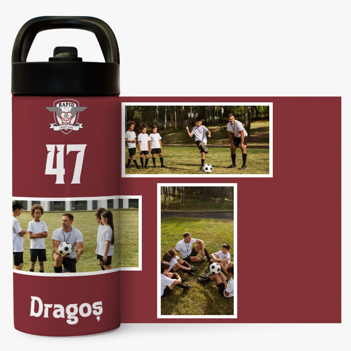 Termos FC Rapid cu mâner și pai personalizat cu 3 poze și text