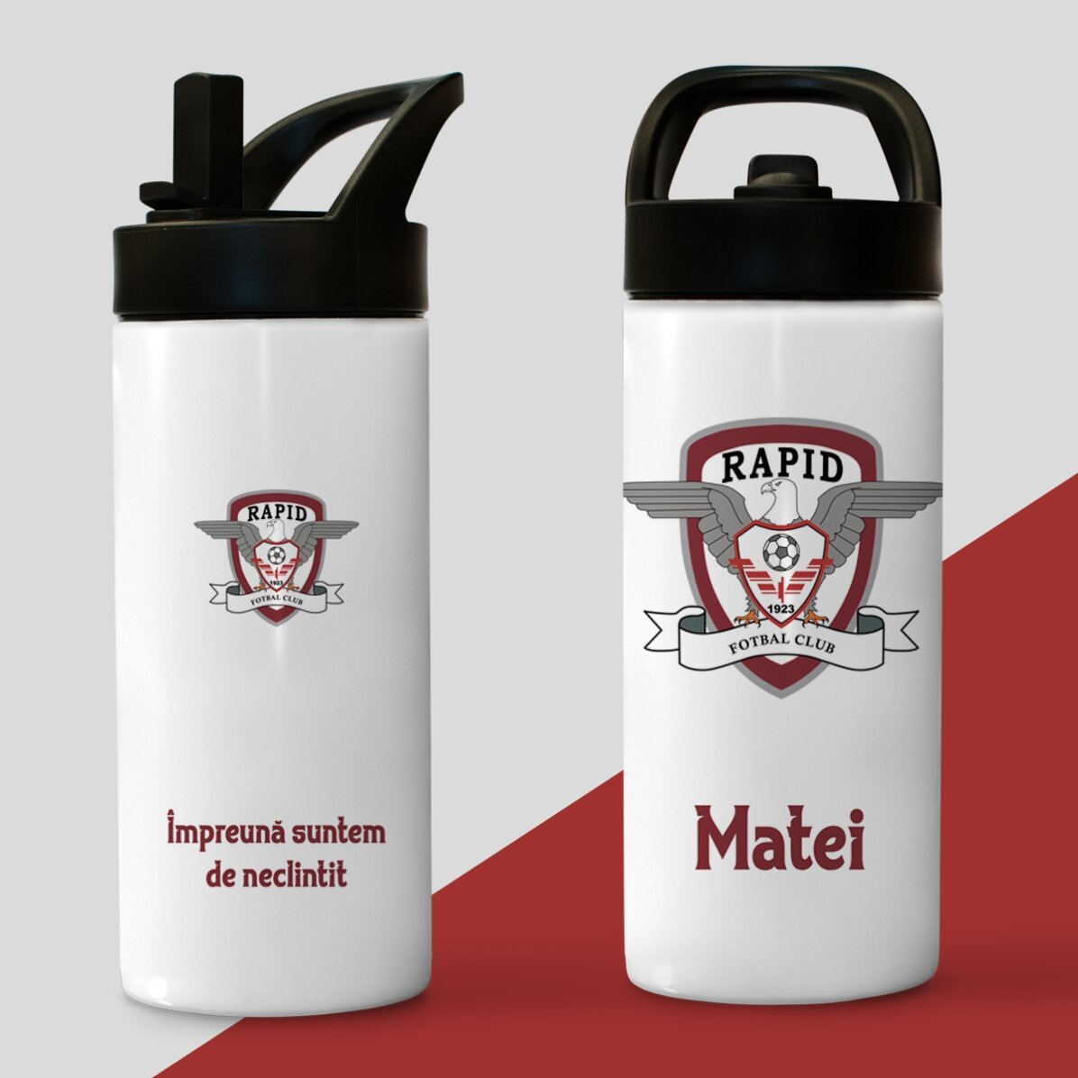 Termos FC Rapid cu mâner și pai personalizat cu nume și mesaj