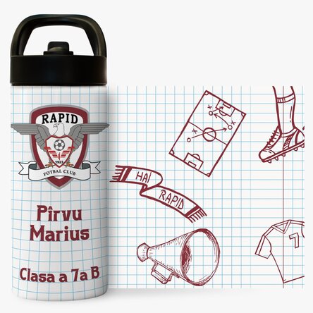 Termos FC Rapid cu mâner și pai personalizat cu text - Doodle