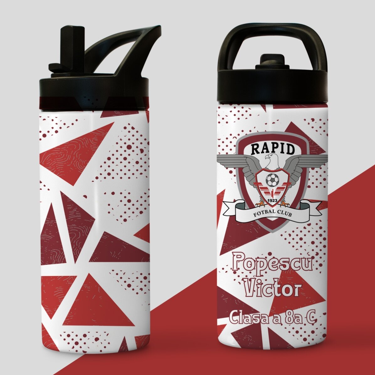 Termos FC Rapid cu mâner și pai personalizat cu text - Pattern Triunghiuri