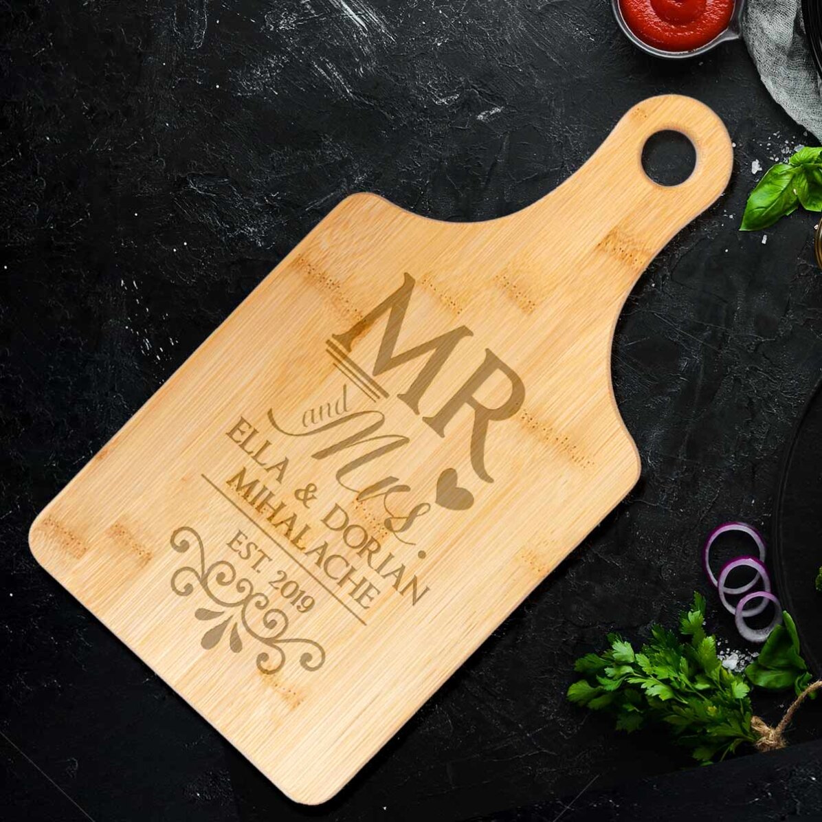 Tocător din bambus personalizat - Mr & Mrs