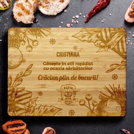Tocător dreptunghiular din bambus FC Rapid personalizat cu text - Spiritul Crăciunului