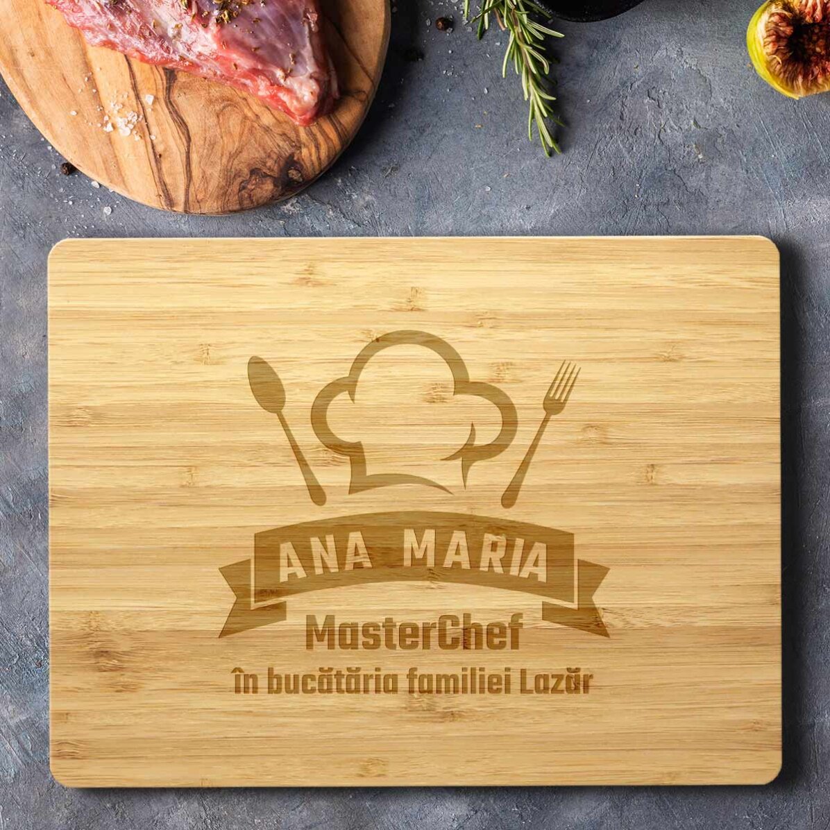 Customised rectangular bamboo chopping board with text - MasterChef