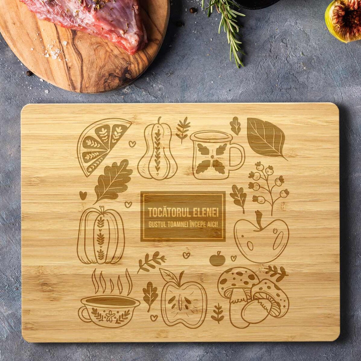 Tocător dreptunghiular din bambus personalizat cu text - Toamna