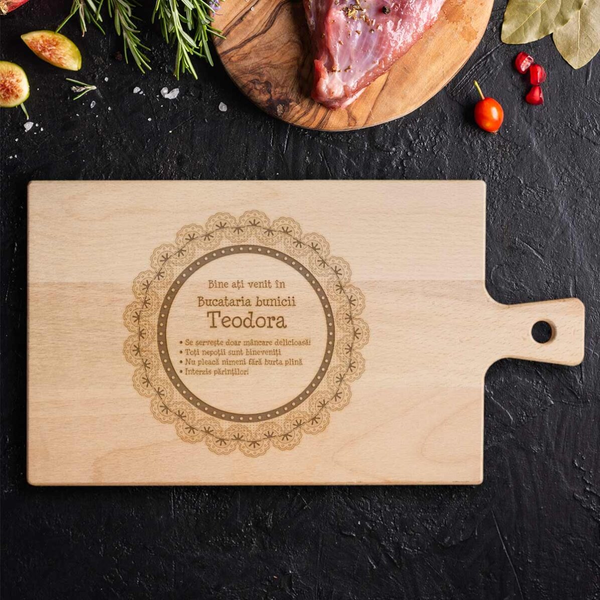 Tocător premium personalizat cu mâner - Bucătăria bunicii