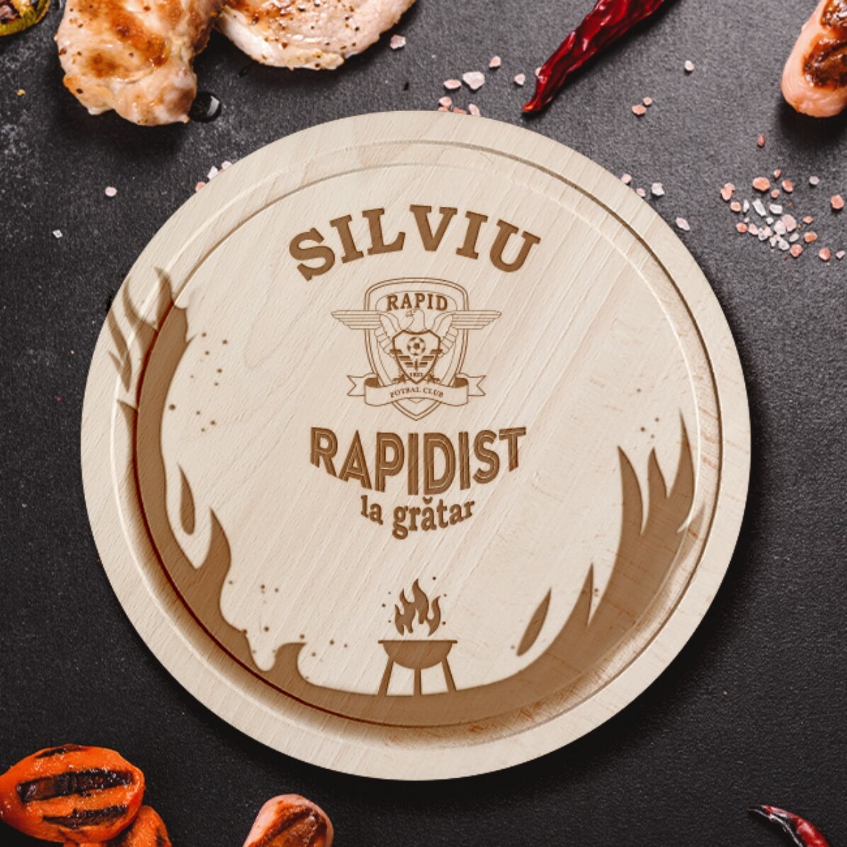 Tocător rotund FC Rapid personalizat cu text - Rapidist la grătar