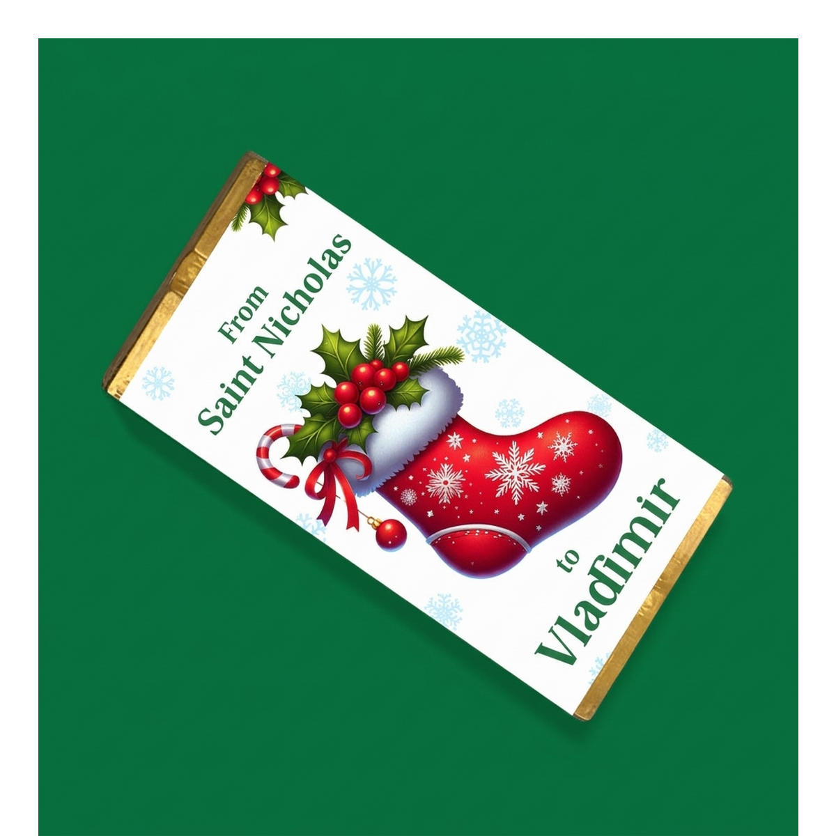 Mini chocolate bar personalised by Father Christmas