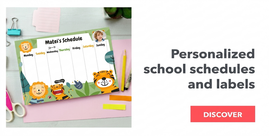 Timetables, self-adhesive labels and bookmarks for school