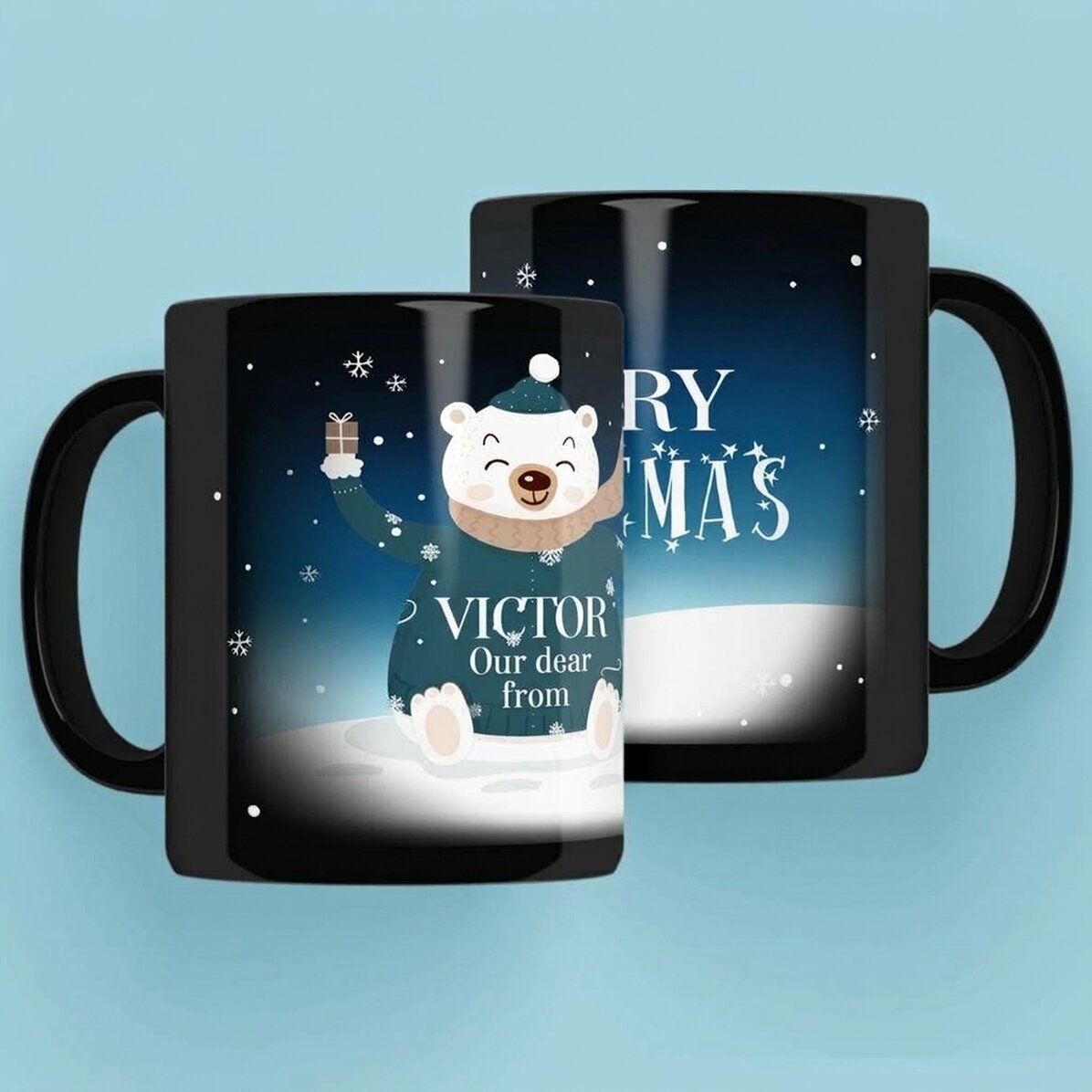 Black mug personalised with your name and text - Happy Bear