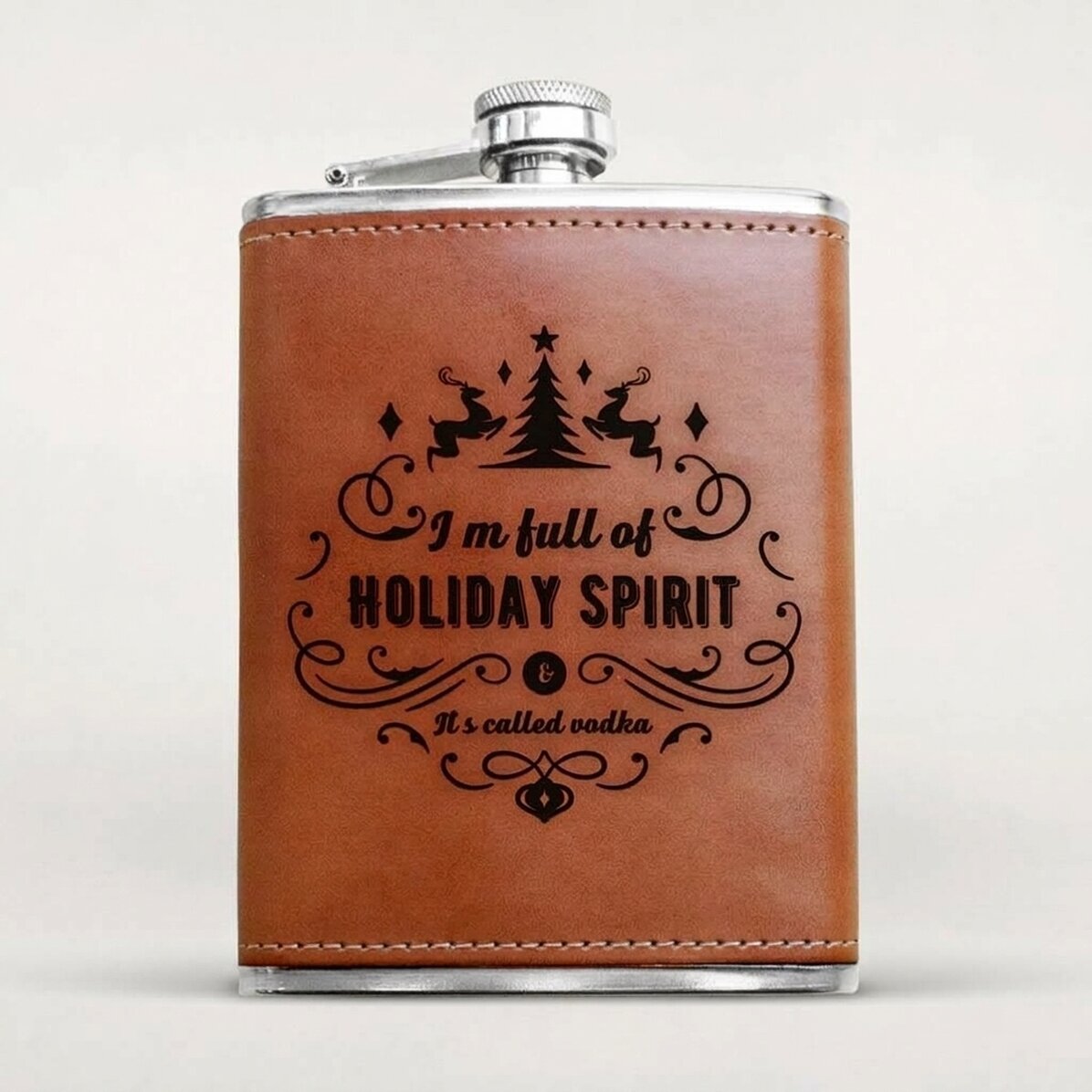 Personalised leather-covered pocket flask - Holiday Spirit