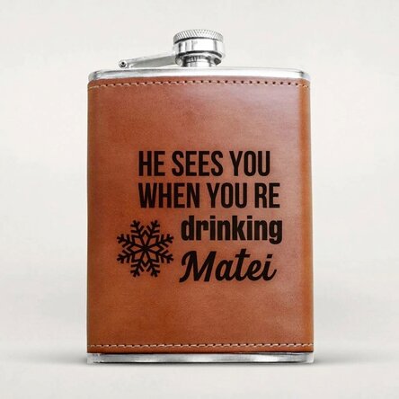 Personalised leather-covered hip flask - He sees you when you