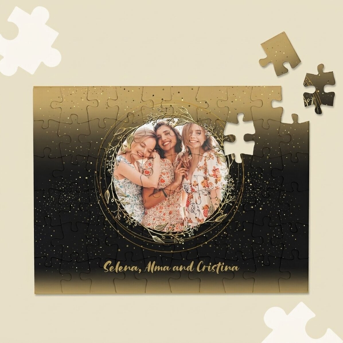 Personalised puzzle with photo and text 20x15 cm - Gold frame