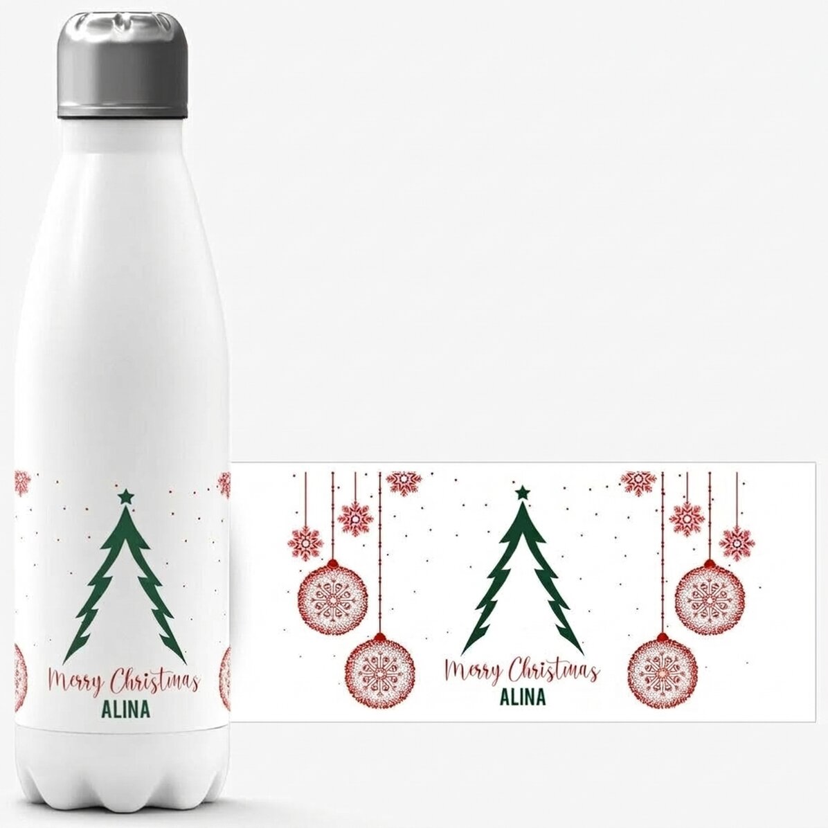 Thermos with white base personalised with text - Christmas tree