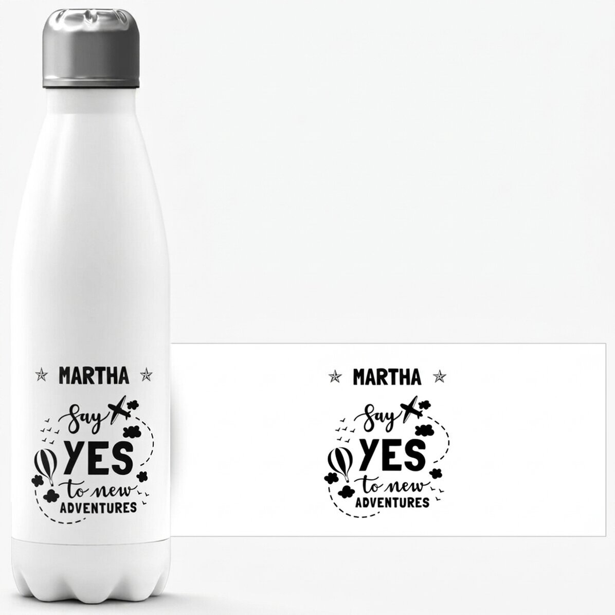 Thermos with white base personalised with name - New Adventures