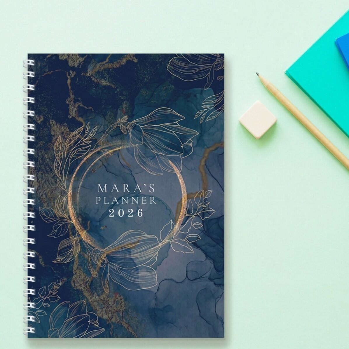 Personalised notebook with text - Gold flowers