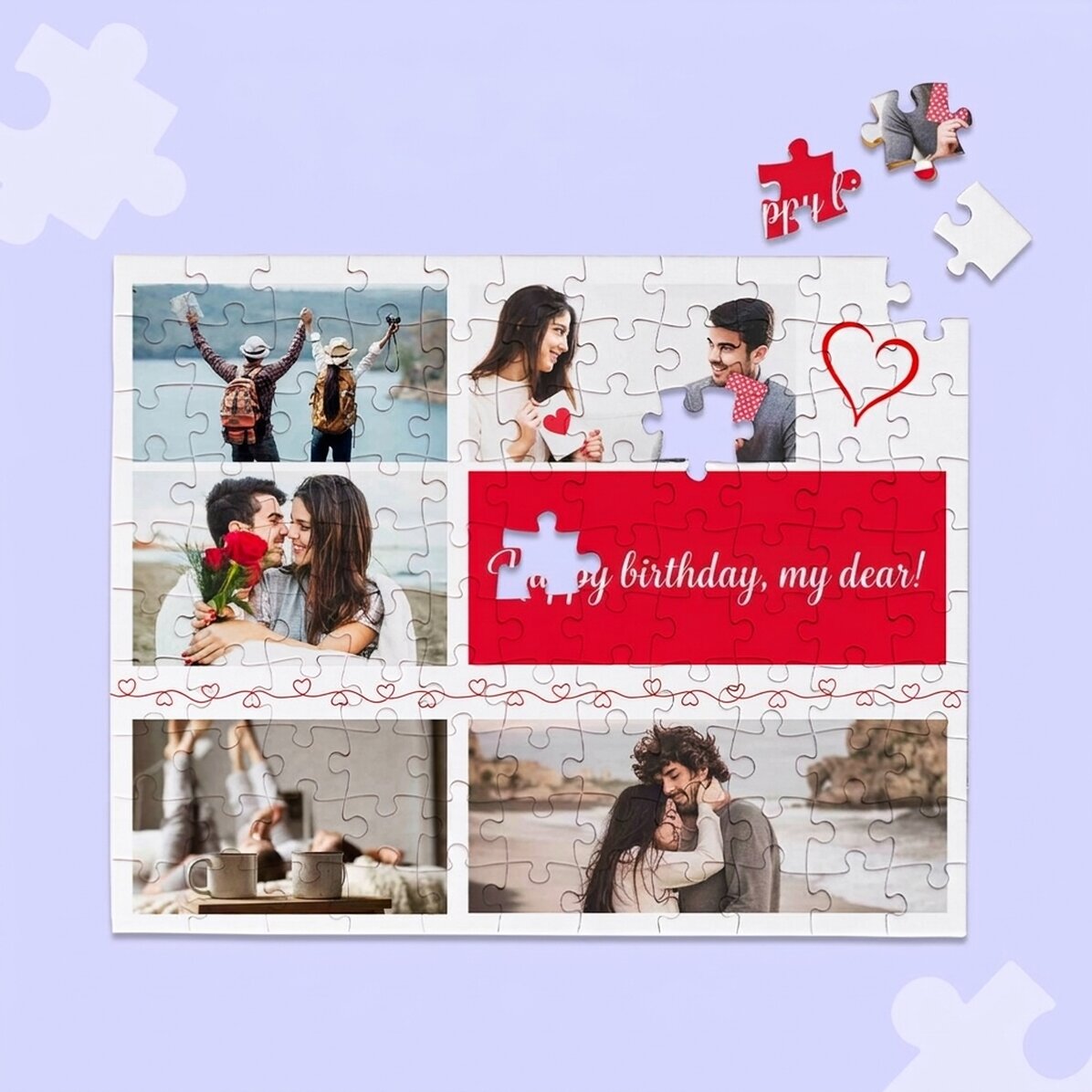 Personalised puzzle with 5 photos and text, 24x19cm - Hearts