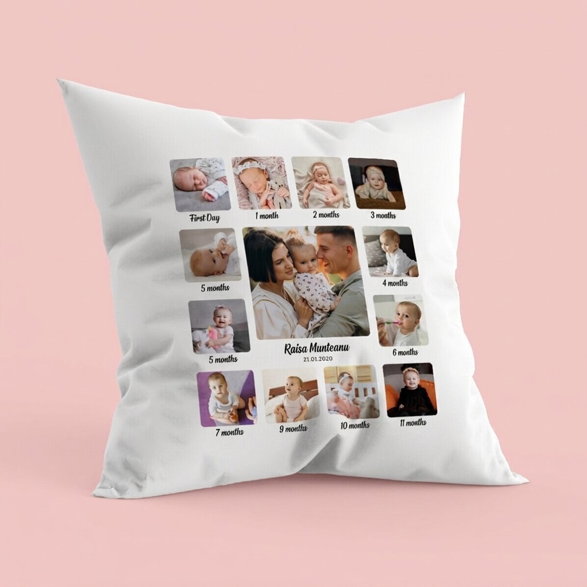 Personalised cushion with 13 photos and text - My first year