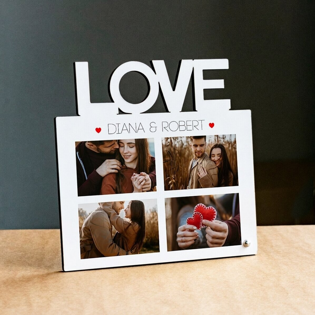 Personalised desk photo frame with 4 photos and text - LOVE model