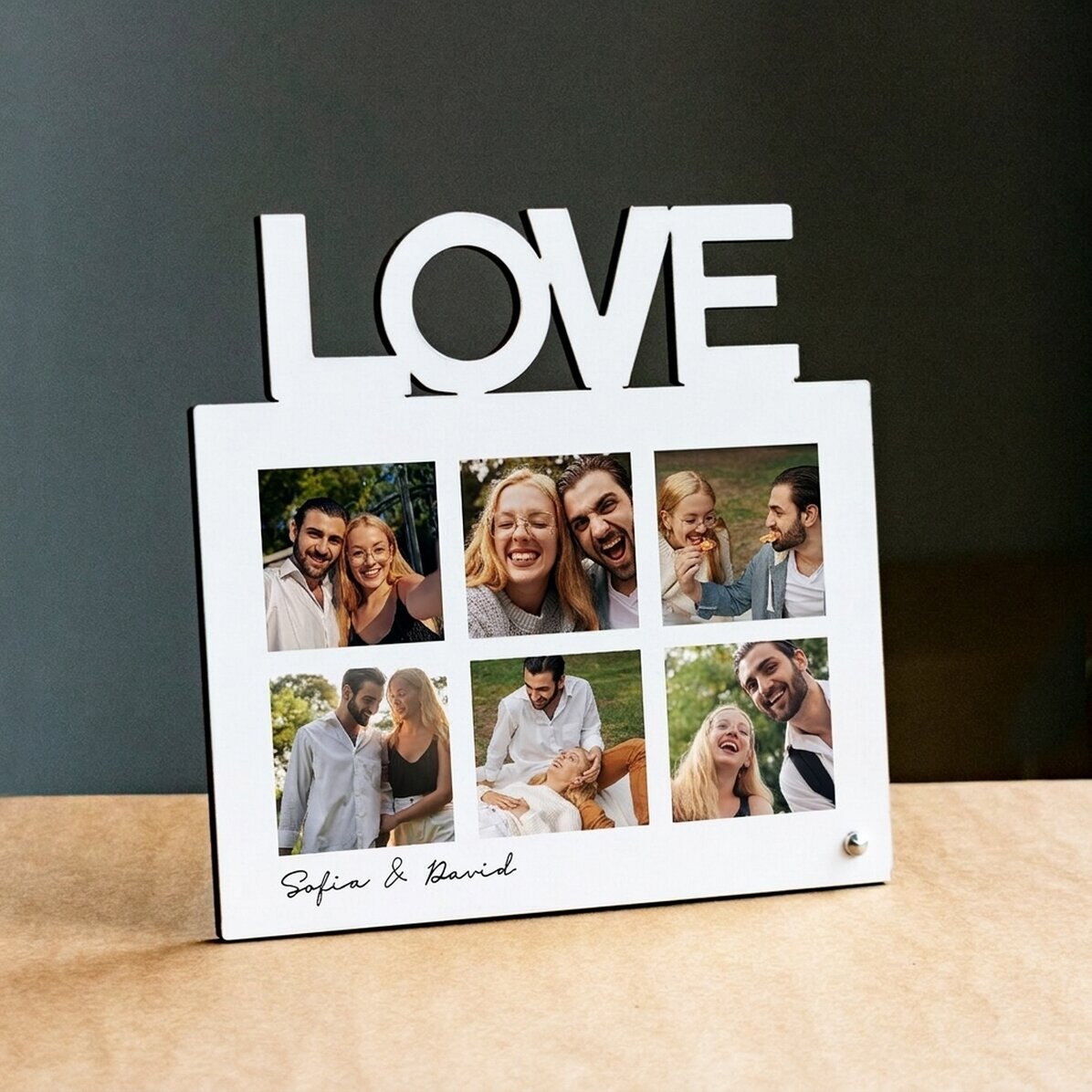 Personalised desk photo frame with 6 photos and text - LOVE model