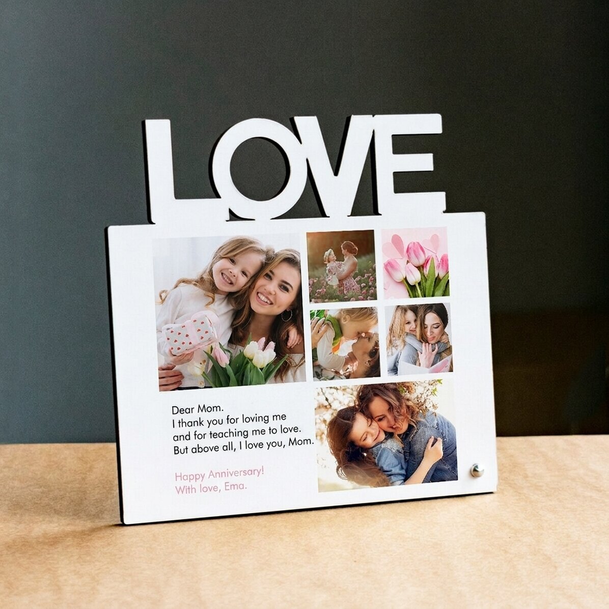 Personalised desk photo frame with 6 photos and text for mum - LOVE model