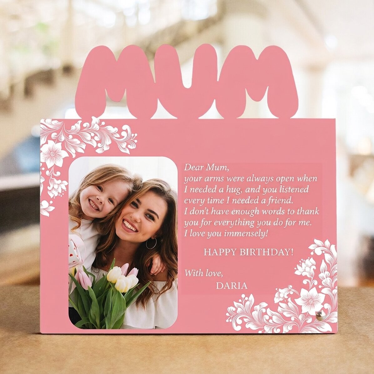 Personalised desk photo frame with photo and text - Happy birthday, Mum!