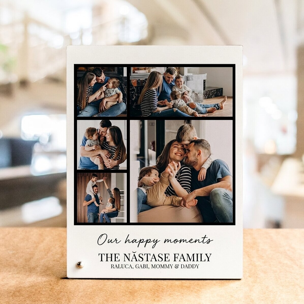 Personalised desk photo frame with 5 photos and text