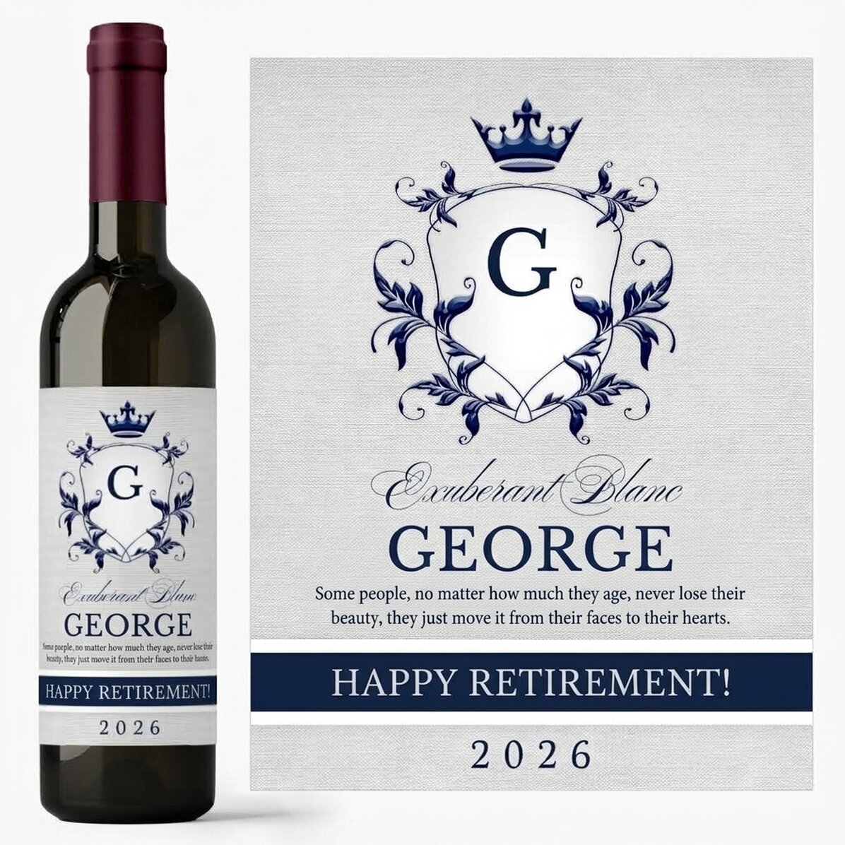 Personalised wine with text for retirement