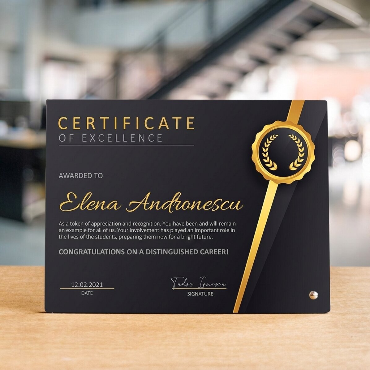 Personalised desk photo frame with text - Certificate of excellence