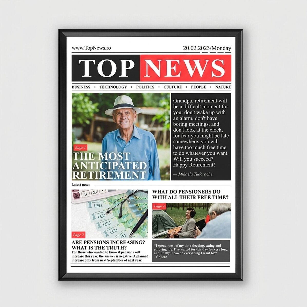 Personalised picture frame with photo and text - Retirement, news of the day