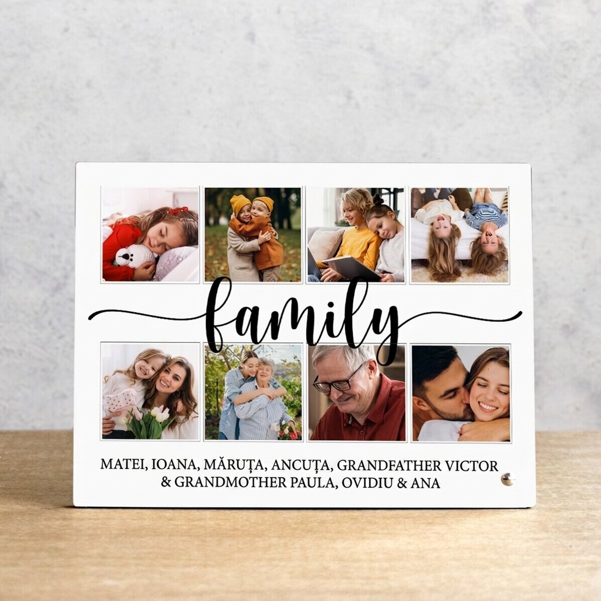 Personalised desk photo frame with 8 photos and text - family