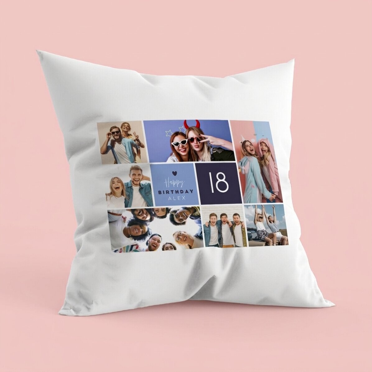 Personalised cushion with 7 portrait photos and text - Happy birthday