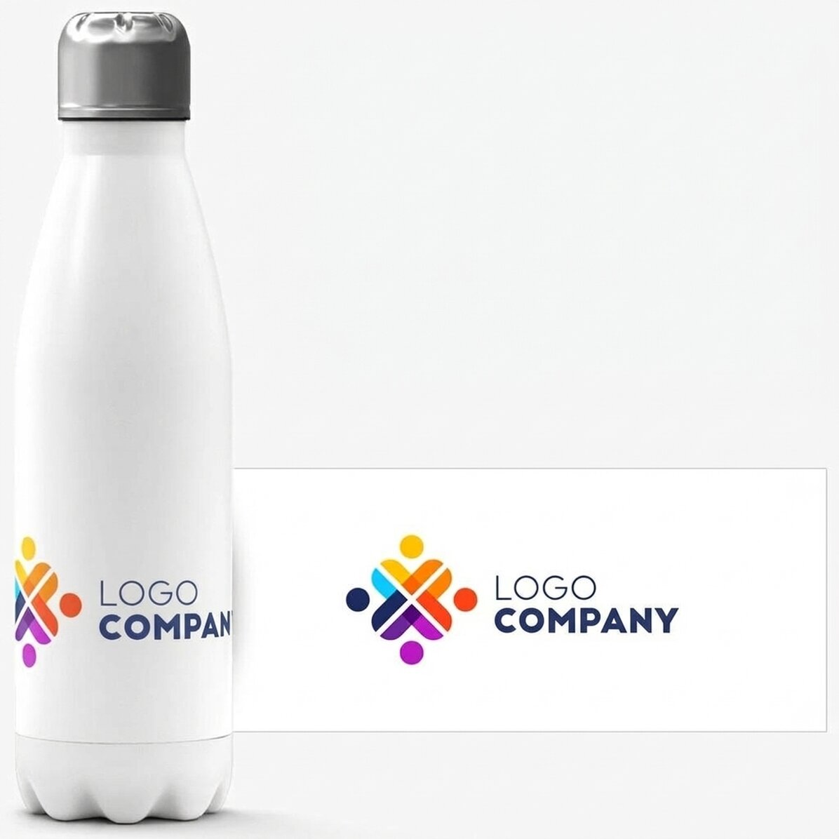Thermos with white base customised with logo in landscape format