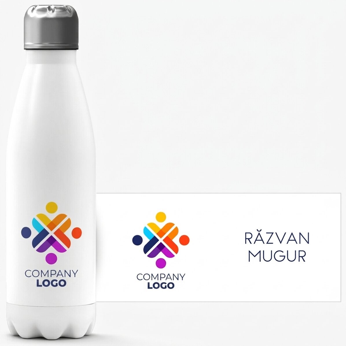 Thermos with white base personalised with logo and name