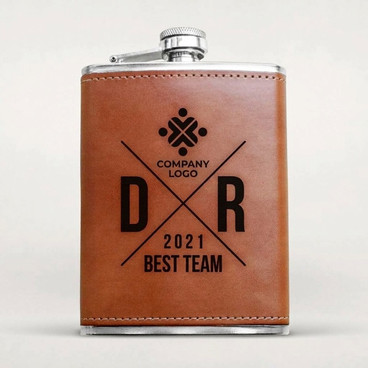 Leather-covered pocket flask personalised with logo and initials