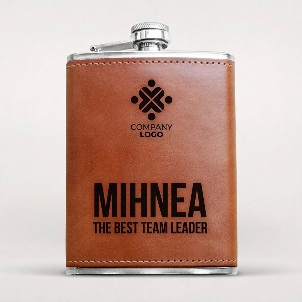 Pocket flask covered in leather, personalised with logo and name
