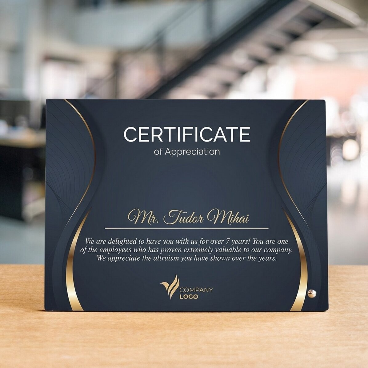 Personalised desk photo frame with logo and text - Certificate of appreciation
