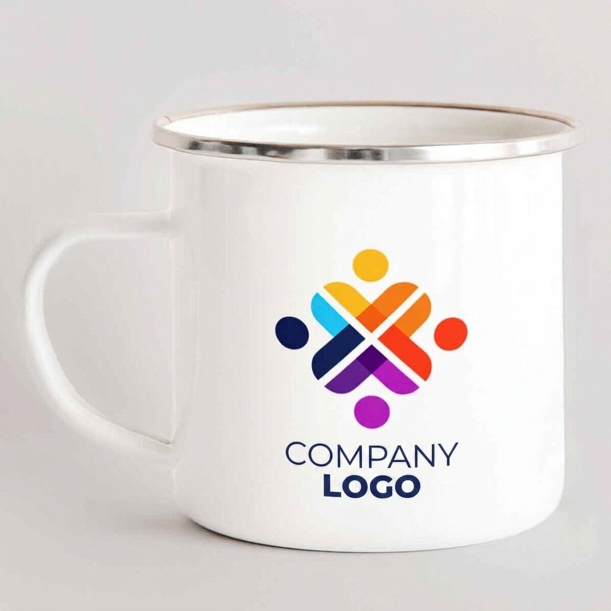 Customised enamel metal mug with logo on both sides