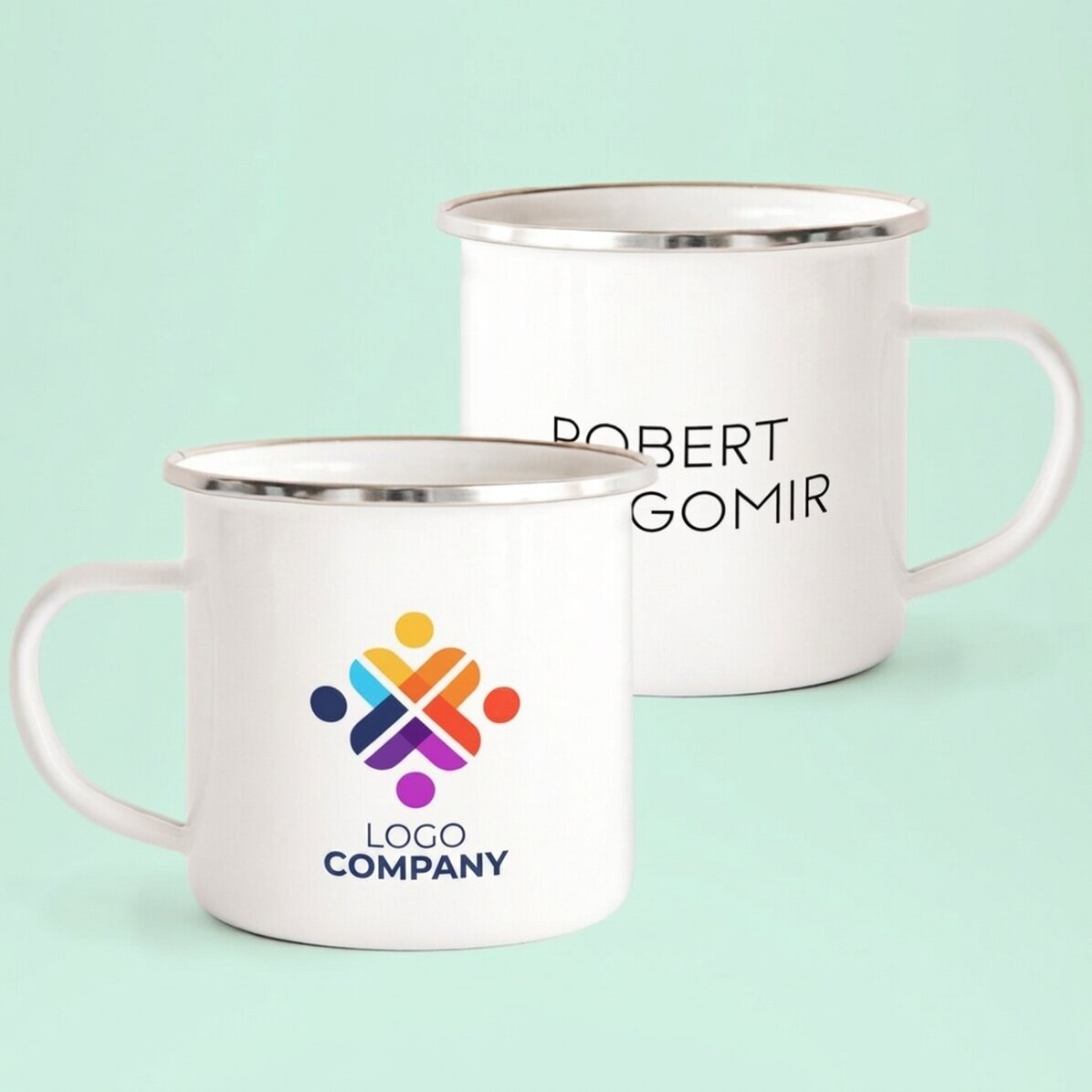 Customised enamel metal mug with logo and name
