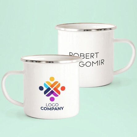 Customised enamel metal mug with logo and name