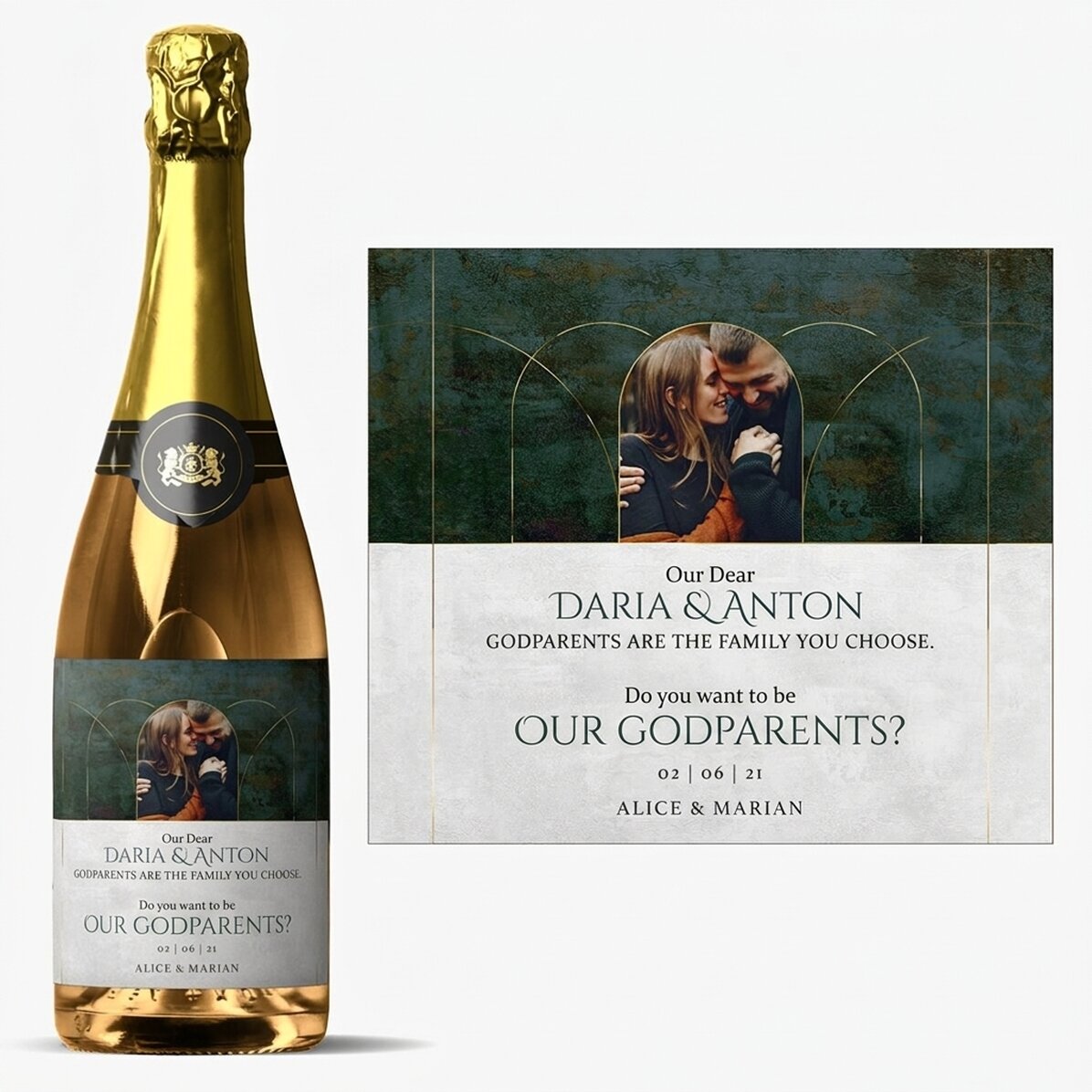 Personalised sparkling wine with text and photo - Would you like to be our godparents?